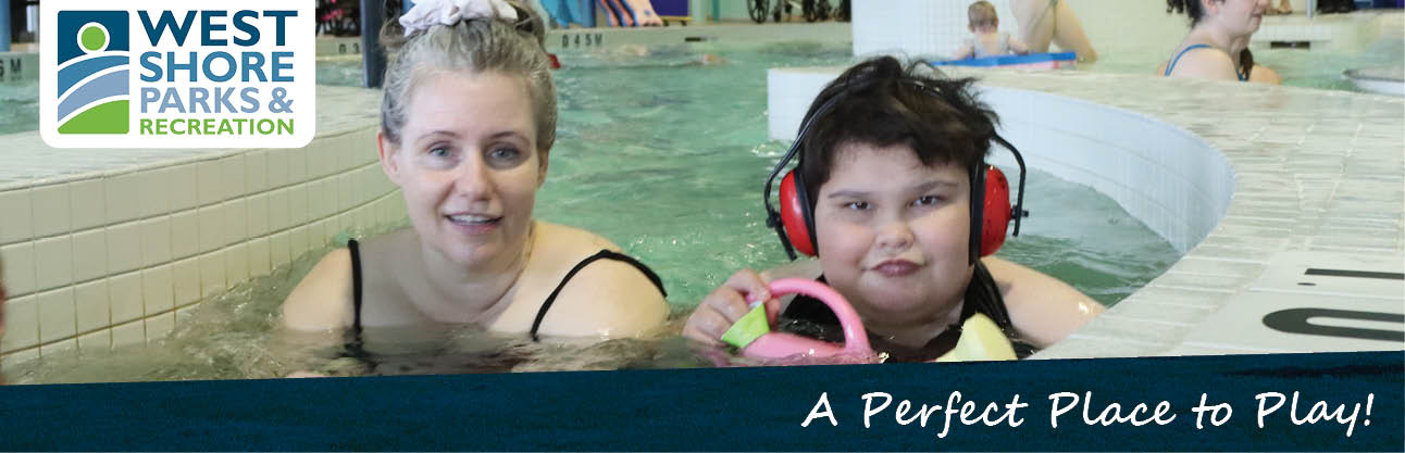 WSPR banner - a young person wearing headphones in the pool with their assistant.