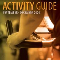 Activity Guide Cover. Close up of hands on exercise bike