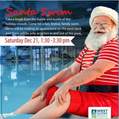 Image of Santa sitting with his feet in the swimming pool. Santa Swim Saturday, December 21, 1:30-3:30PM