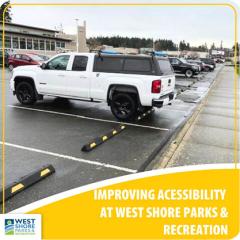 Image of white pickup truck parked at new curb stops at JDF Recreation Centre. Caption reads "Improving accessibility at West Shore Parks & Recreation"